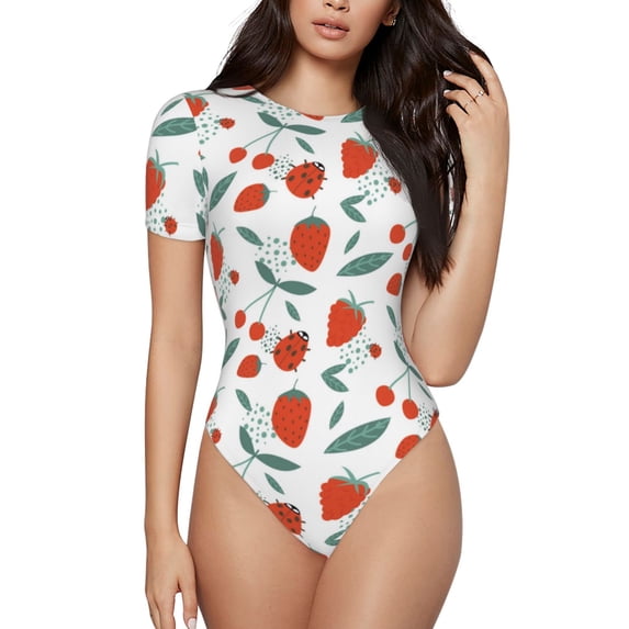 The Xecao Strawberries Women's Crew Neck Body Suit, a short-sleeved bodysuit and basic swimsuit, both comfort and style for dating and daily life