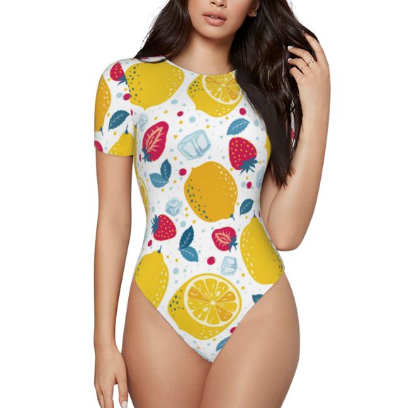 The Xecao Strawberry Lemon Women's Crew Neck Body Suit, a short-sleeved bodysuit and basic swimsuit, both comfort and style for dating and daily life
