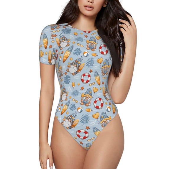 The Xecao Summer Time With Gnome Women's Crew Neck Body Suit, a short-sleeved bodysuit and basic swimsuit, both comfort and style for dating and daily life