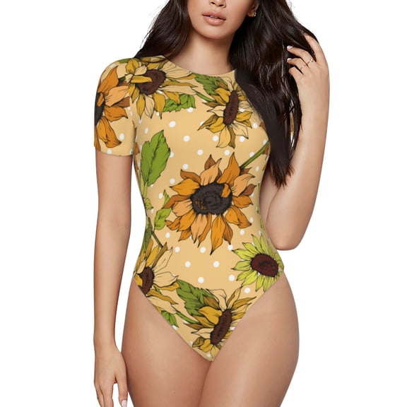 The Xecao Sunflowers Women's Crew Neck Body Suit, a short-sleeved bodysuit and basic swimsuit, both comfort and style for dating and daily life