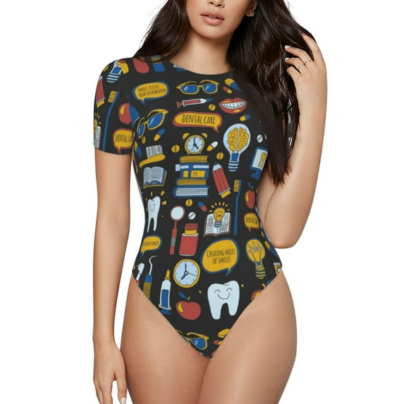 The Xecao Teeth Women's Crew Neck Body Suit, a short-sleeved bodysuit and basic swimsuit, both comfort and style for dating and daily life