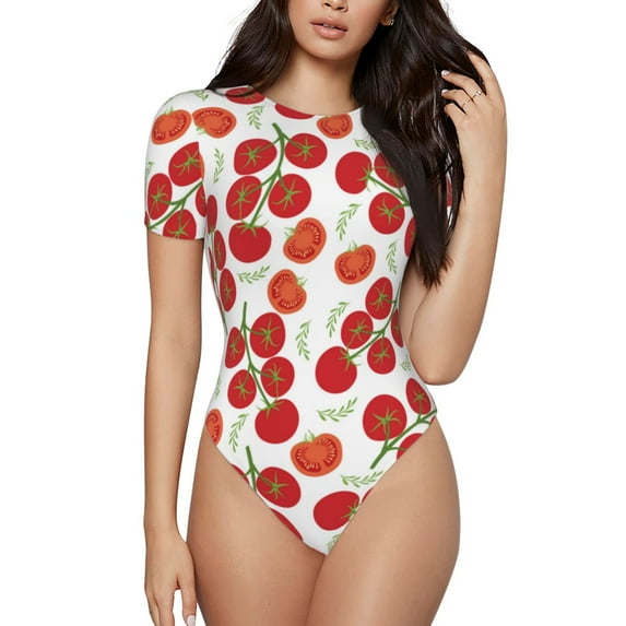 The Xecao Tomato Women's Crew Neck Body Suit, a short-sleeved bodysuit and basic swimsuit, both comfort and style for dating and daily life