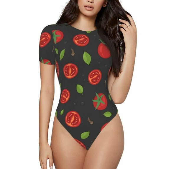The Xecao Tomatoes1 Women's Crew Neck Body Suit, a short-sleeved bodysuit and basic swimsuit, both comfort and style for dating and daily life