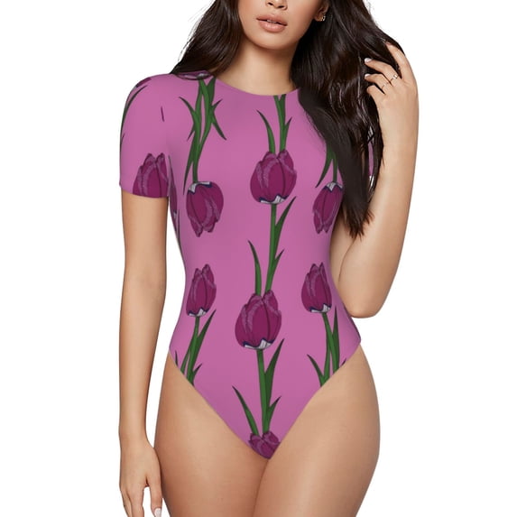 The Xecao Tulips Flowers Women's Crew Neck Body Suit, a short-sleeved bodysuit and basic swimsuit, both comfort and style for dating and daily life