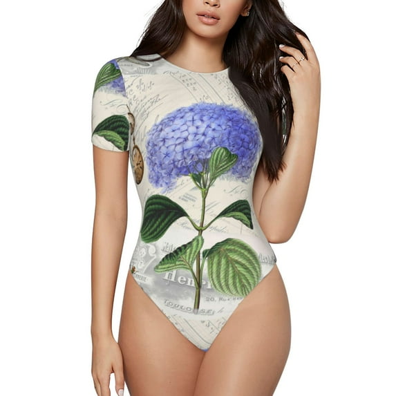 The Xecao Vintage Flower Women's Crew Neck Body Suit, a short-sleeved bodysuit and basic swimsuit, both comfort and style for dating and daily life