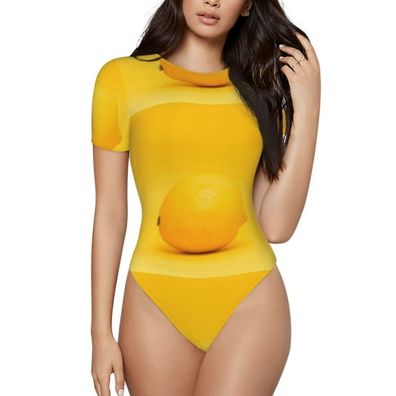 The Xecao Yellow Lemon Women's Crew Neck Body Suit, a short-sleeved bodysuit and basic swimsuit, both comfort and style for dating and daily life