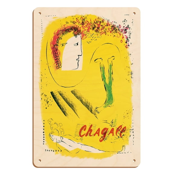 The Yellow Background (Le Fond Jaune) - Vintage Art Exhibition Poster by Marc Chagall c.1969 - 8 x 12 inch Vintage Wood Art Sign
