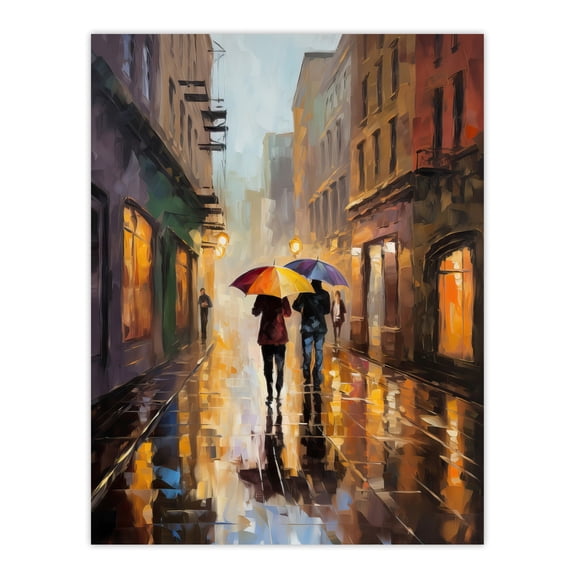 The Yellow Brolly Colourful Oil Painting Couple On Romantic Walk Umbrellas Rainy Afternoon Bedroom Art Extra Large XL Wall Art Poster Print