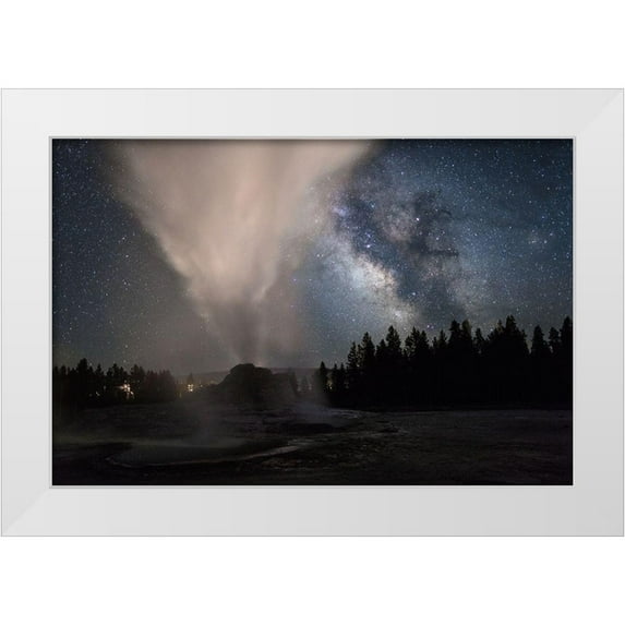 The Yellowstone Collection 14x11 White Modern Wood Framed Museum Art Print Titled - Milky Way over Castle Geyser, Yellowstone National Park