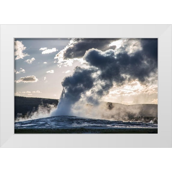 The Yellowstone Collection 14x11 White Modern Wood Framed Museum Art Print Titled - Sunset eruption of Old Faithful, Yellowstone National Park