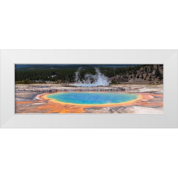 The Yellowstone Collection 14x7 White Modern Wood Framed Museum Art Print Titled - Grand Prismatic Spring Panorama, Yellowstone National Park