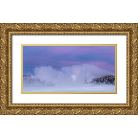 The Yellowstone Collection 14x9 Gold Ornate Wood Framed with Double Matting Museum Art Print Titled - Winter Dawn, Upper Geyser Basin, Yellowstone National Park