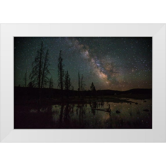 The Yellowstone Collection 18x13 White Modern Wood Framed Museum Art Print Titled - Firehole Lake Drive and Milky Way, Yellowstone National Park
