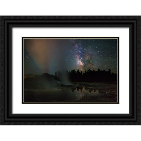 The Yellowstone Collection 24x17 Black Ornate Wood Framed with Double Matting Museum Art Print Titled - Castle Geyser and Milky Way, Yellowstone National Park