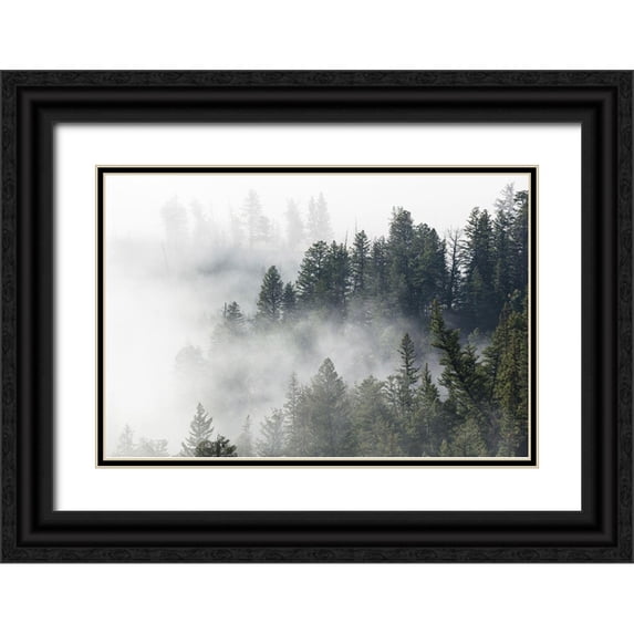 The Yellowstone Collection 24x17 Black Ornate Wood Framed with Double Matting Museum Art Print Titled - Morning Fog near Tower Fall, Yellowstone National Park