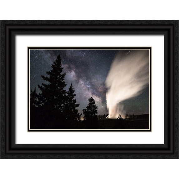 The Yellowstone Collection 24x17 Black Ornate Wood Framed with Double Matting Museum Art Print Titled - Old Faithful Erupts, Yellowstone National Park