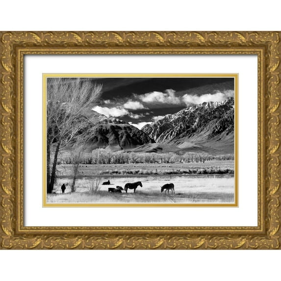 The Yellowstone Collection 24x17 Gold Ornate Wood Framed with Double Matting Museum Art Print Titled - In the Shadow of the Mountain Range
