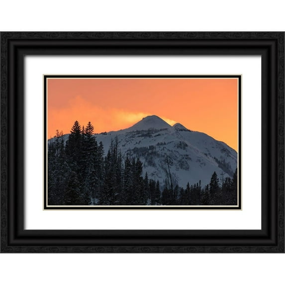 The Yellowstone Collection 32x23 Black Ornate Wood Framed with Double Matting Museum Art Print Titled - Winter Solstice Sunset over Dome Mountain, Yellowstone National Park