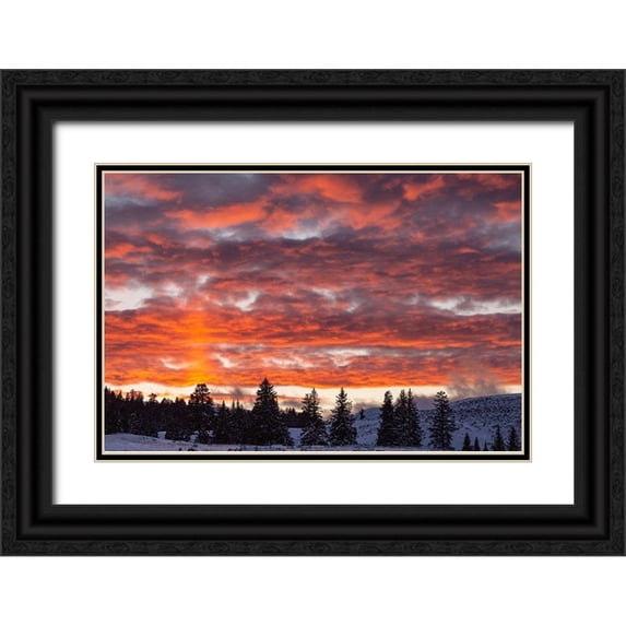 The Yellowstone Collection 32x23 Black Ornate Wood Framed with Double Matting Museum Art Print Titled - Winter Sunset in Lamar Valley, Yellowstone National Park