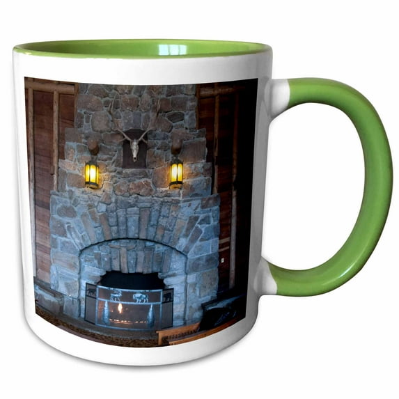 3drose, the Yellowstone Hotel with the Huge Fireplace of Brick, 15oz Two-tone Green Mug