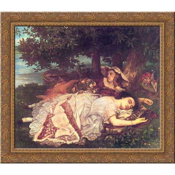 The Young Ladies on the Banks of the Seine 22x20 Gold Ornate Wood Framed Canvas Art by Courbet, Gustave