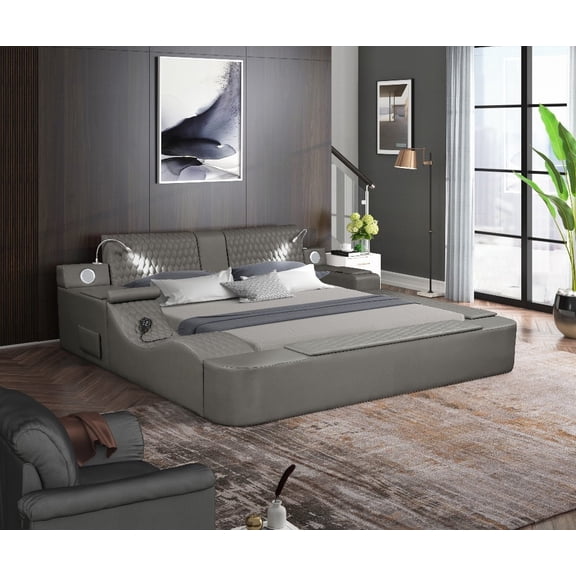 The ZOYA Queen Size Bed in Gray, Crafted with Wood and Faux Leather, Offering Remote Massage & Bluetooth