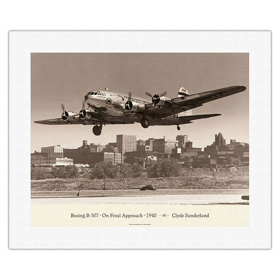 The Zuni (Boeing Stratoliner 307) - On Final Approach 1940 - Vintage Aviation Poster by Clyde Sunderland - Fine Art Rolled Canvas Print 16in x 20in