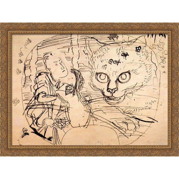 The actor Ichumura meeting a cat ghost 36x28 Large Gold Ornate Wood Framed Canvas Art by Utagawa Kuniyoshi