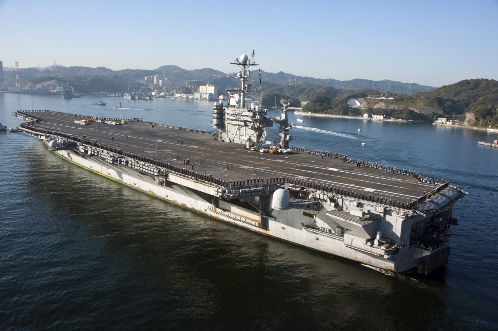 The aircraft carrier USS George Washington transits Tokyo Bay Canvas Art - Stocktrek Images (35 x 23)