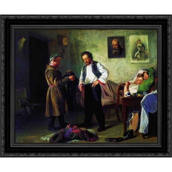 The artist, selling old stuff to Tatar (Artist's Studio) 20x20 Black Ornate Wood Framed Canvas Art by Makovsky, Vladimir