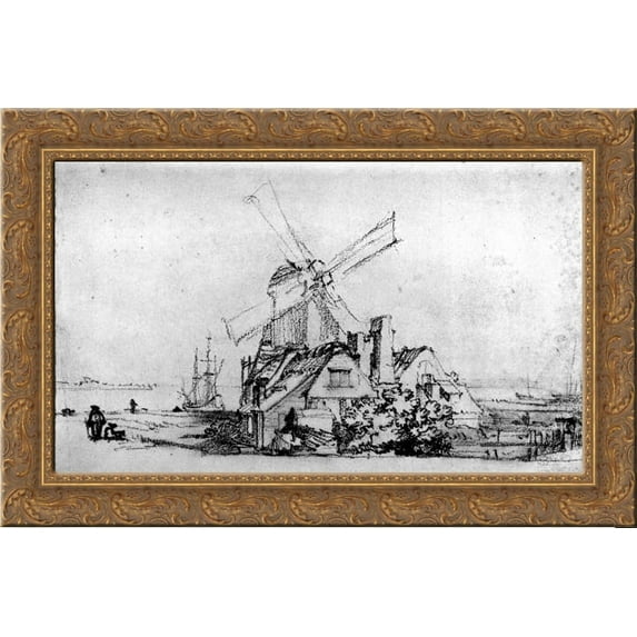 The bastion in Amsterdam 24x18 Gold Ornate Wood Framed Canvas Art by Rembrandt