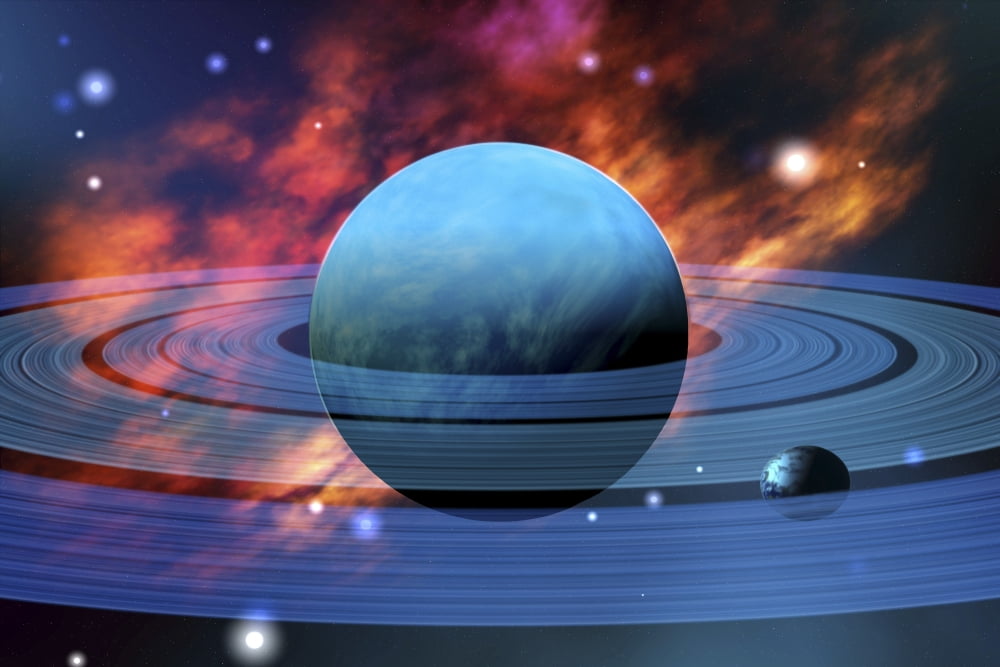 The beautiful blue planet of Neptune with its moons Canvas Art - Corey FordStocktrek Images (18 x 12)