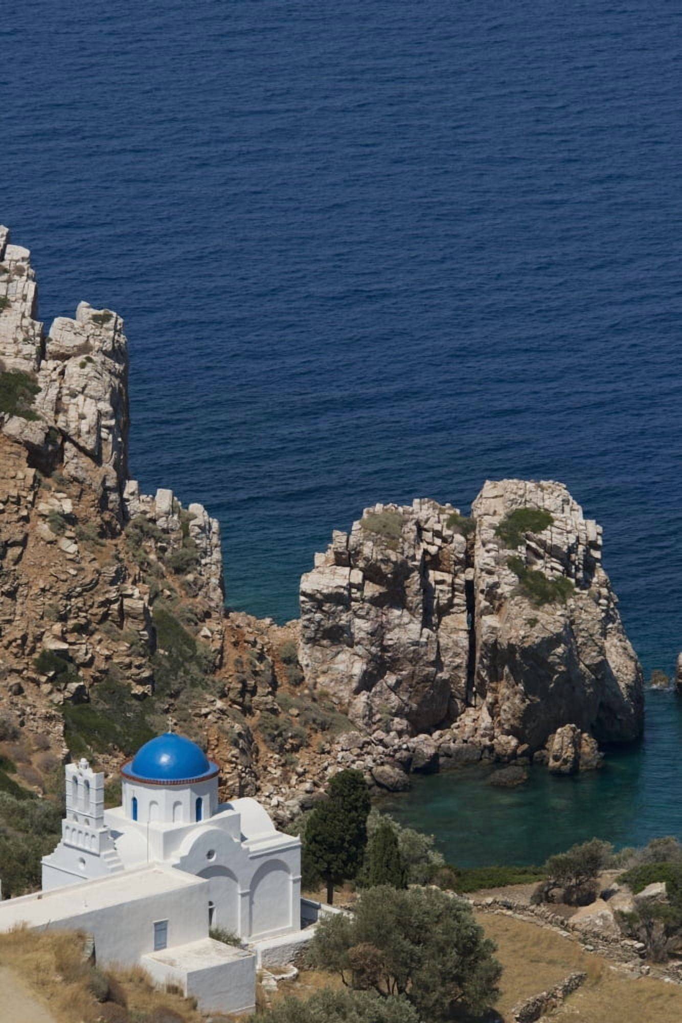 The blue domed church at the waters edge Panayia Poulati Sifnos Cyclades Greek Islands Greece Canvas Art - Ellen Rooney Design Pics (12 x 18)