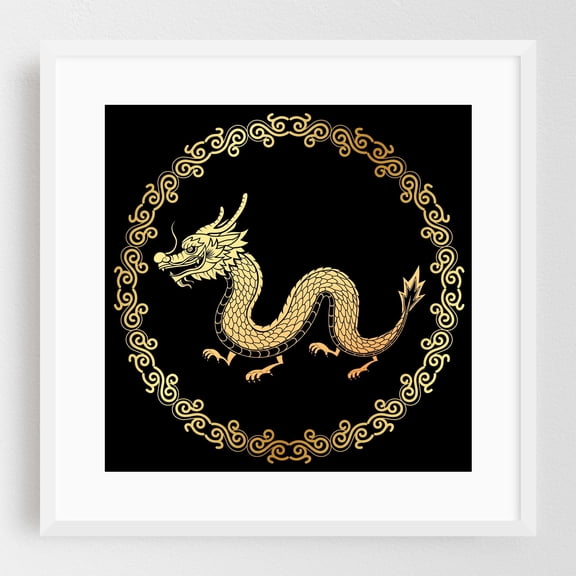 The circle of golden dragon. - Digital Art Fantasy Mystical Pattern Illustration White Framed Wall Art Print 12 x 12 inches