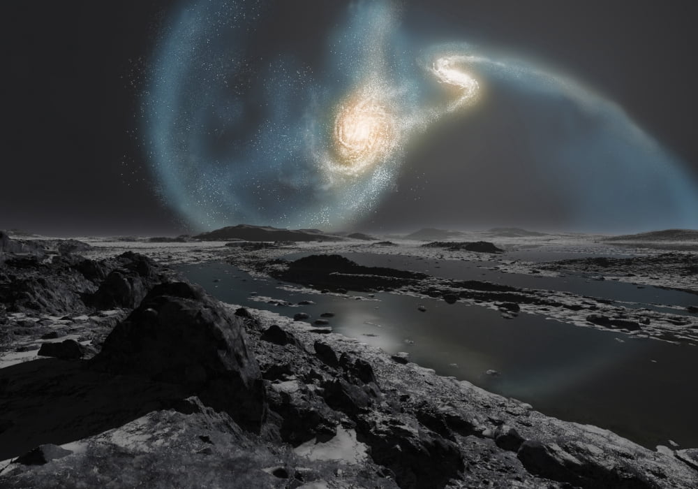 The collision of the Milky Way and Andromeda galaxies seen from the Earth Canvas Art - Ron MillerStocktrek Images (34 x 24)