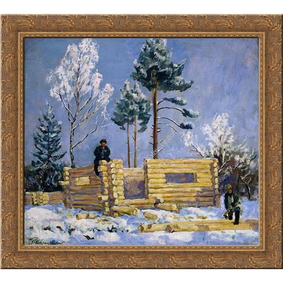 The construction of bathhouse 24x20 Gold Ornate Wood Framed Canvas Art by Pyotr Konchalovsky