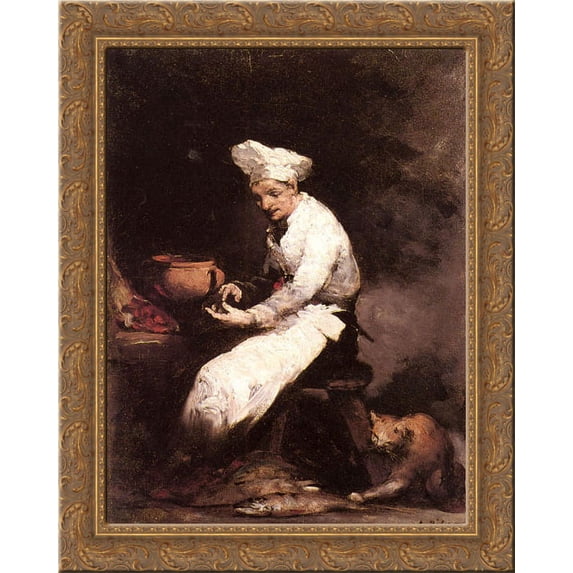 The cook and the cat 20x24 Gold Ornate Wood Framed Canvas Art by Ribot, Theodule