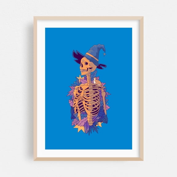 The deathly wizard  - Illustration Skull Fantasy Halloween Surrealism Mystical Spooky Oak Framed Wall Art Print 24 x 36 inches