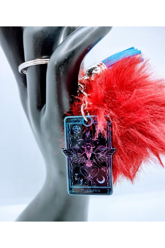 The devil tarot Card Style Acrylic Keychain With Fur And Tassel charm