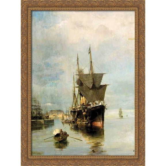 The disembarkation 28x36 Large Gold Ornate Wood Framed Canvas Art by Konstantinos Volanakis