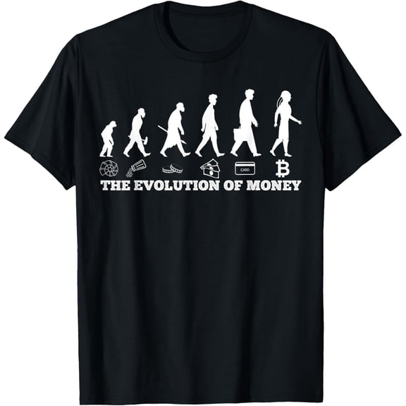 The evolution of money bitcoin btc crypto cryptocurrency T-Shirt men and women can wear, black, white, gifts