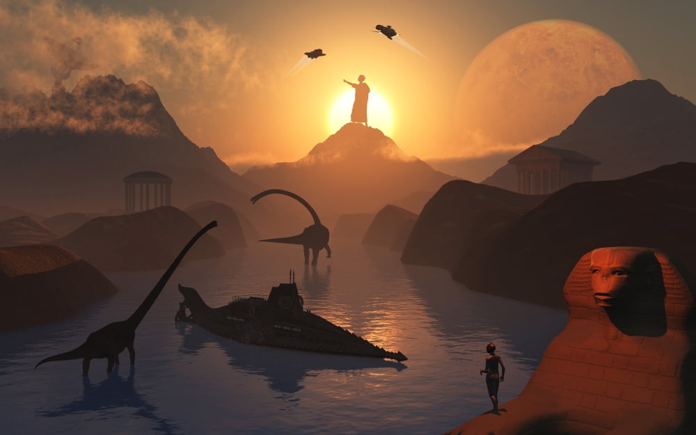 The fabled City of Atlantis set in the time of the dinosaurs Canvas Art - Mark StevensonStocktrek Images (18 x 12)