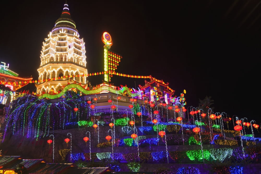 The fantastic lighting of Kek Lok Si Temple Penang Malaysia Canvas Art - Micah Wright Design Pics (38 x 24)