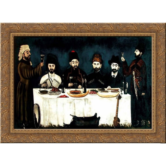 The feast of Kupreishvili family 24x20 Gold Ornate Wood Framed Canvas Art by Pirosmani, Niko