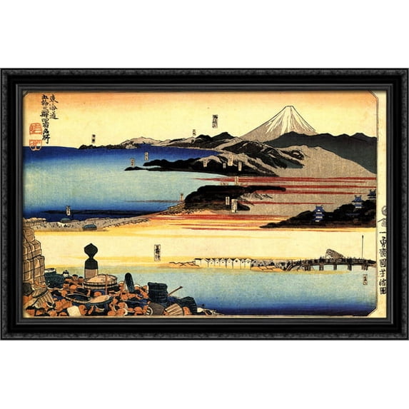 The fifty three stations of the Tokaido 40x28 Large Black Ornate Wood Framed Canvas Art by Utagawa Kuniyoshi
