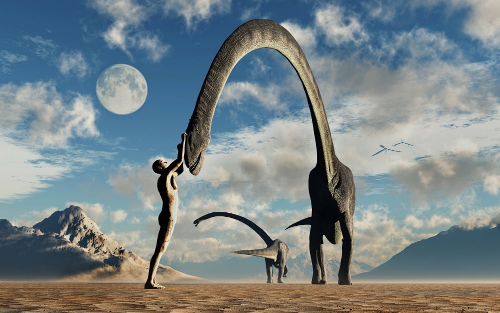 The first man Adam greeting Omeisaurus sauropod dinosaurs Canvas Art - Mark StevensonStocktrek Images (36 x 23)