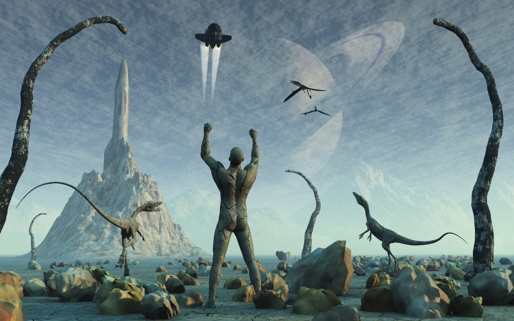 The first man Adam greets the return of his creators in a prehistoric Garden of Eden Canvas Art - Mark StevensonStocktrek Images (18 x 12)