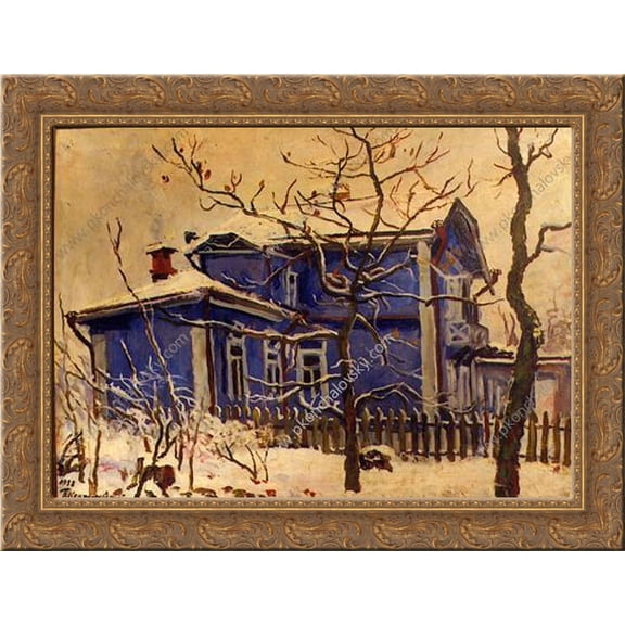 The first snow. The blue cottage. 24x18 Gold Ornate Wood Framed Canvas Art by Pyotr Konchalovsky