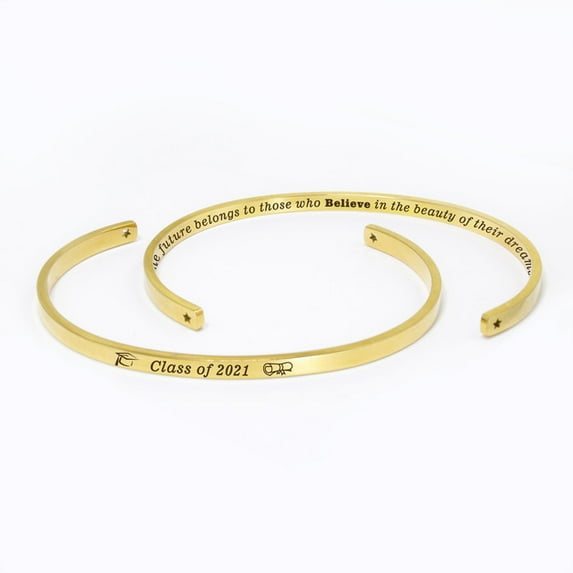 "The future belongs to…" Gold Stainless Steel Graduation Theme Hidden Message Gift for Her Cuff Bracelet with Gift Set