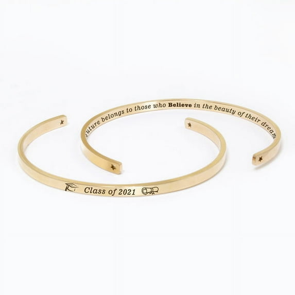 "The future belongs to…" Rose Gold Stainless Steel Graduation Theme Hidden Message Gift for Her Cuff Bracelet with Gift Set